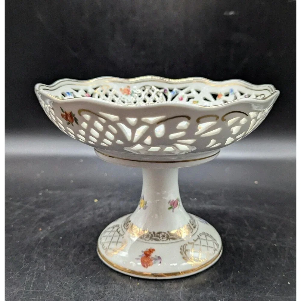 Schumann Dresden Hand Painted Round Floral Compote Pedestal Reticulated Bowl